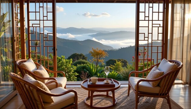 an interior view of a modern living room with large sliding glass doors offering a scenic view of a hilly landscape under a clear sky