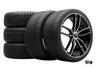 Stack of black car tires, one with polished chrome alloy wheel and lug nut, on transparent studio background with diffuse lighting, professional automotive product display