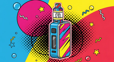 A vibrant pop art illustration featuring a colorful vape device against a dynamic background with circles, stars, and halftone dots.