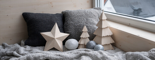 cozy corner Christmas setup, wooden decorations and soft pillows create a quiet holiday nook by the window.