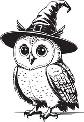 Mystical Owl in a Witch Hat: An adorable owl with large, expressive eyes wears a whimsical witch hat, embodying the magic and mystery of Halloween.