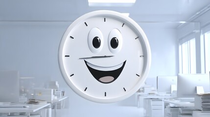 Happy Clock Cartoon Smiling in Modern Office Setting