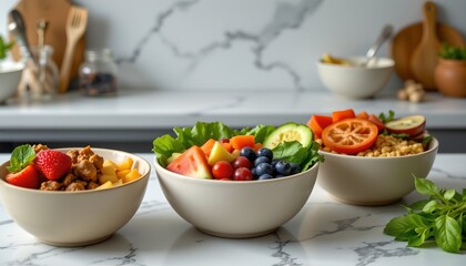 a counter with four bowls of different sizes containing various fresh ingredients for meal preparation