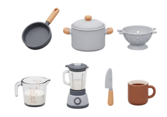 3d icon of collection of six miniature kitchen cooking utensils including a pan, pot, colander, measuring cup, blender, knife, and mug, isolated on transparent background
