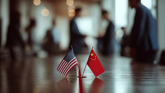 Diplomacy meeting around table shows two miniature flag with stars and stripes and red flag with five star on polished surface while blur of delegation discussing negotiation and business partnership