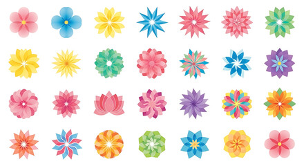 Collection of thirty colorful flower illustrations in various shapes and vibrant colors, arranged in a grid on a white background.