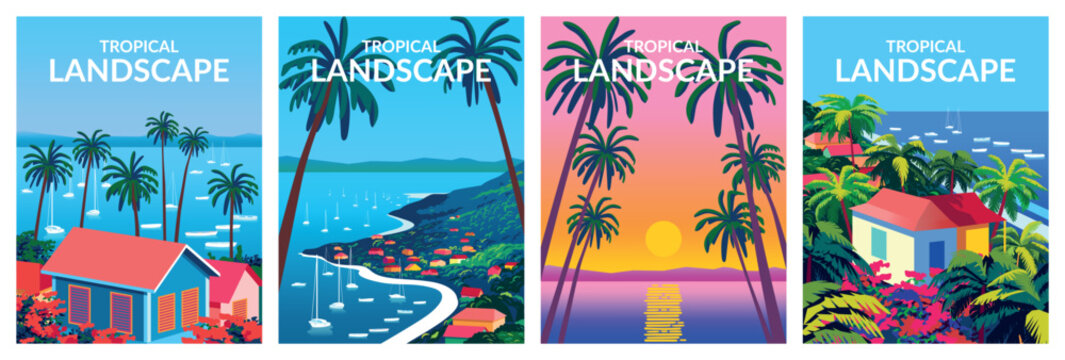 Vector Set of 4 tropical island cityscapes with caribbean small town, palms, green trees, yachts and blue sea in the background. Handmade drawing vector illustration.