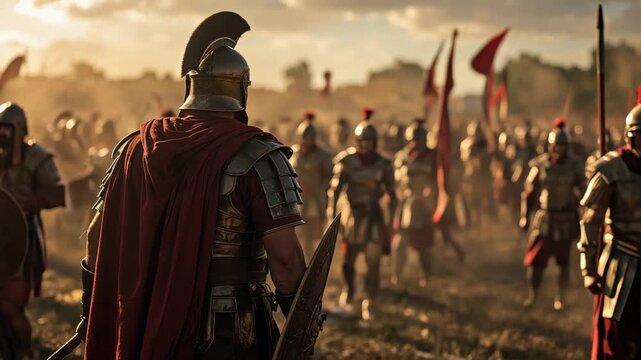Roman general wearing helmet and red cape, holding shield, leading legionary soldiers into battle at sunset, creating dramatic and epic scene