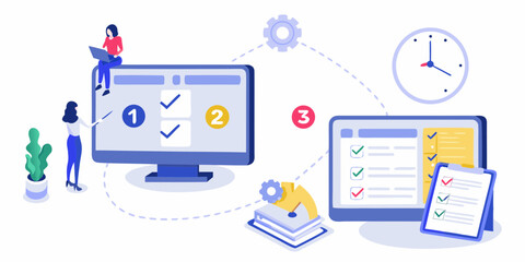 Business process workflow illustration with tasks completed on computer screens and clipboard