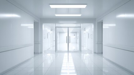 Fototapeta premium Clean Hospital Corridor with Glass Doors, Modern Architecture, and Sterile Environment Providing a Sense of Order
