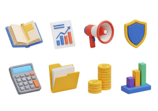 3d icon of collection of 3d icons related to business, finance, and data analysis, isolated on transparent background