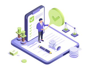 Business professional reviewing checklist and balancing scales with approved checkmark symbol and currency