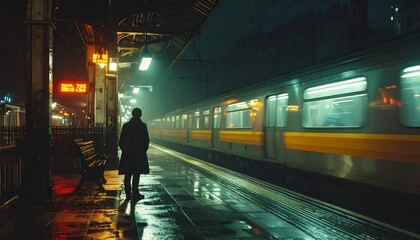 A solitary figure stands on a wet train platform at night as a train passes by.