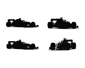 Four silhouettes of a formula 1 racing car displayed from different angles on a clean white background
