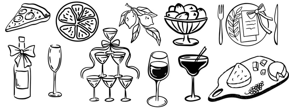 Hand Drawn Chalk Food Vector Set Mediterranean Dinner Wine Champagne Charcuterie Illustrations