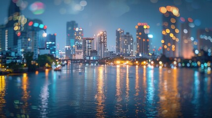 Obraz premium Skyscrapers, with views of twilight light from the sky, evening, blurred background.