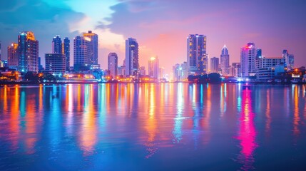 Naklejka premium Skyscrapers, with views of twilight light from the sky, evening, blurred background.