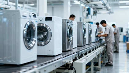 Assembly Line: Manufacturing of Modern Washing Machines in a Factory Setting with Workers