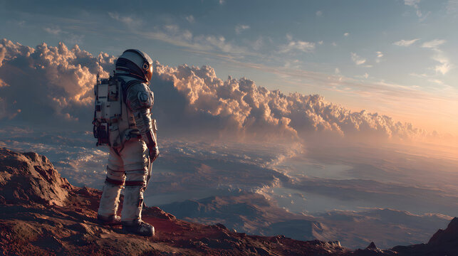 Astronaut on a distant planet looking at the beautiful sunset AI Generated