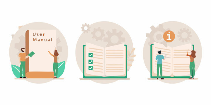 People reading and interacting with user manuals and information guides for instructions and guidance