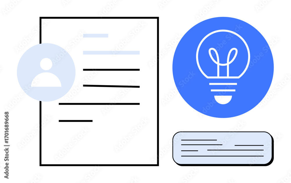 Poster user profile, text document, blue lightbulb icon, and text box outline concept brainstorming. ideal 