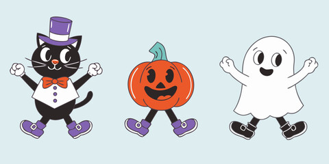Cute cartoon black cat in top hat jack o lantern pumpkin and friendly ghost characters celebrating halloween
