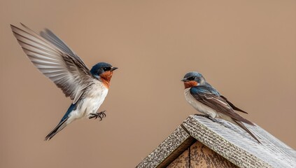 Barn swallow mother bird feeding chicks in nest showing delicate wings and vibrant plumage natural wildlife scene