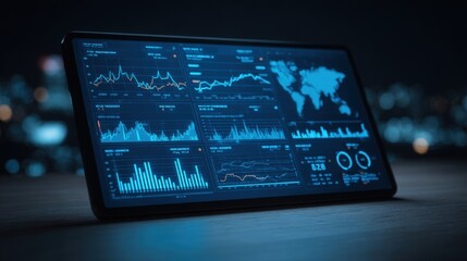 Financial Dashboard Displayed on a Tablet Showing Charts, Graphs, World Map, and Business Data Analysis