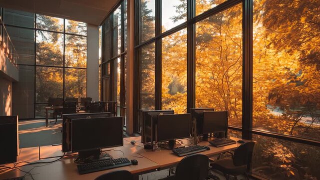 Sunlit computer lab with desk rows overlooking autumn tree and sunlight through large window glass, monitor and chair on each desk, quiet office classroom interior with warm foliage view reflection