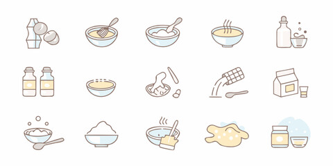 Collection of simple line art icons illustrating the process of making dough and baking ingredients