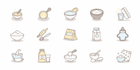 Cute hand drawn icons representing baking ingredients and cooking tools with a whimsical style