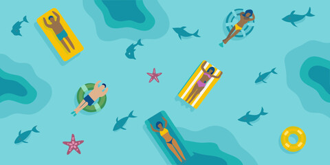 Diverse group of people relaxing on inflatable rafts and tubes in a blue ocean with stylized fish and starfish