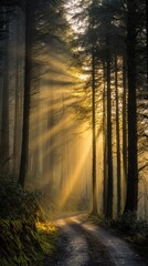 Obraz premium Sunbeams illuminate a misty forest path, creating a magical, serene atmosphere. Tall, slender trees line the dirt road, their shadows contrasting with the golden light