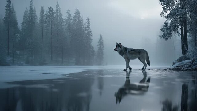 Wolf walks on frozen lake in mist forest with reflection on icy water and ice along shoreline solitude visible as wolf pauses in winter landscape wildlife and nature presence conveys calm silence