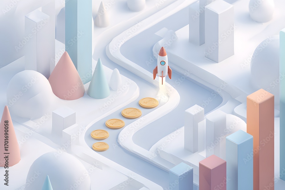 Poster modern rocket launch over mapped cityscape with coin path