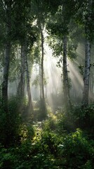 Obraz premium Sunbeams pierce a misty birch forest, illuminating a path through lush undergrowth