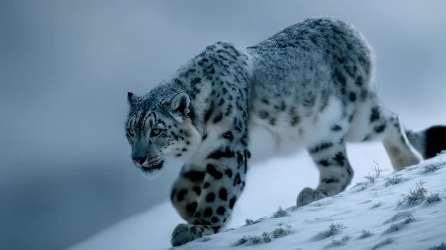 Snow leopard stalks across snowy slope under winter sky on mountain ridge predator moving through snow fur ruffled wildlife presence clear solitude and survival evident in cold alpine terrain