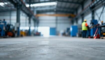 Blurred Factory Floor with Industrial Equipment and Personnel, Representing Manufacturing and Production Processes