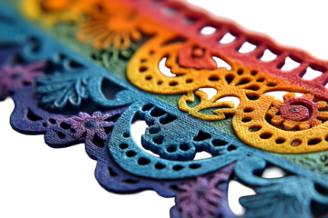 transparent background , Day of the Dead. Colorful decorative lace ribbon showcasing intricate patterns and vibrant hues, ideal for crafting and design projects with artistic flair