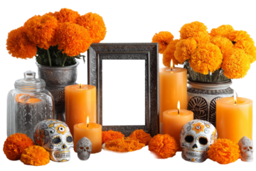 transparent background , Day of the Dead. Colorful altar display featuring marigold flowers, candles, and decorative skulls, creating a vibrant atmosphere for celebration and remembrance