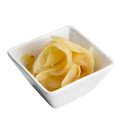 Pickled ginger in a white bowl, isolated on a clean white background. Fresh and spicy sushi ginger, a popular Japanese condiment.