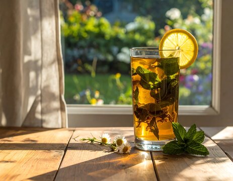 Iced tea with lemon and mint, by window, sunny day - Powered by Adobe