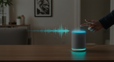 A hand interacting with a voice assistant device on a table, with visible sound waves. Smart home technology concept for modern convenient living.