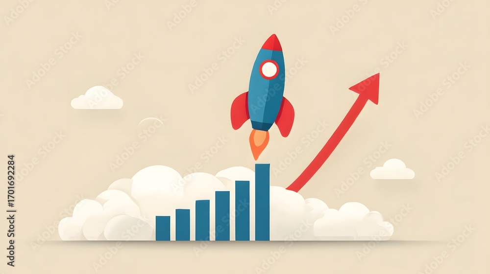 Poster rocket launching to success with growth chart and clouds background