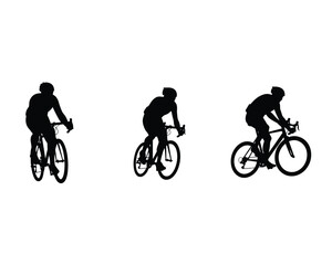 Obraz premium Three silhouettes of cyclists in motion on bicycles against a white background
