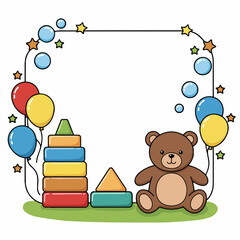 Fototapeta premium A whimsical border design featuring a teddy bear, stacking rings, balloons, and stars, perfect for a child's celebration or invitation.
