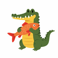 Naklejka premium A cute cartoon alligator hugging a bright orange fish with a red fin.
