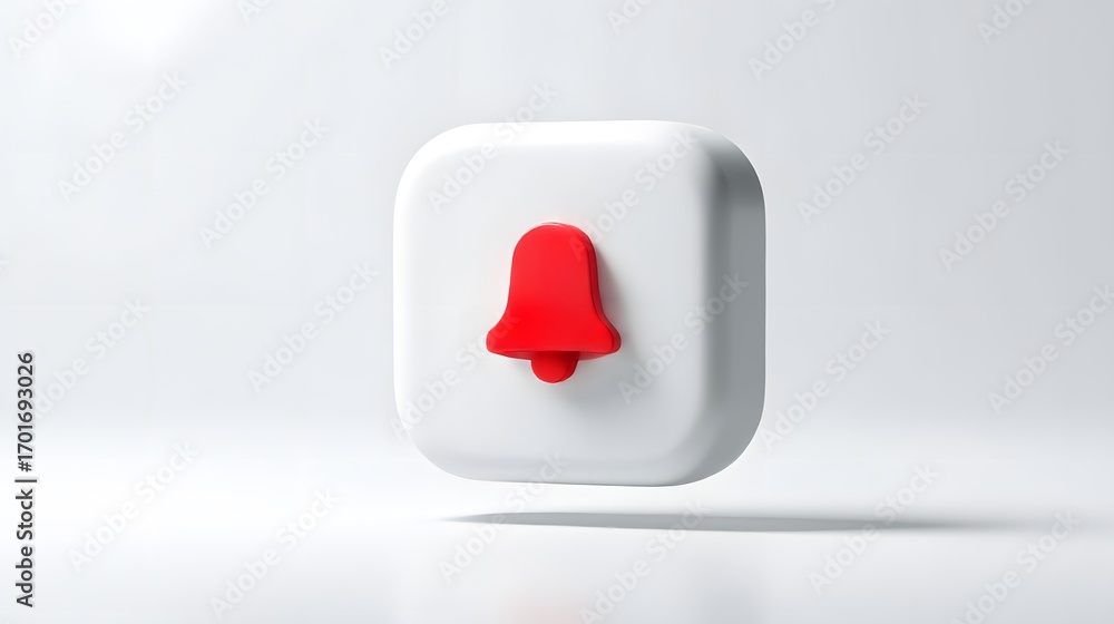 Poster red notification bell icon on white button with soft shadow