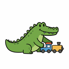 Fototapeta premium A cute cartoon alligator playing with a toy train.