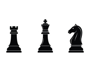 Three iconic black chess pieces silhouette rook king and knight isolated on a white background for strategy and game concepts